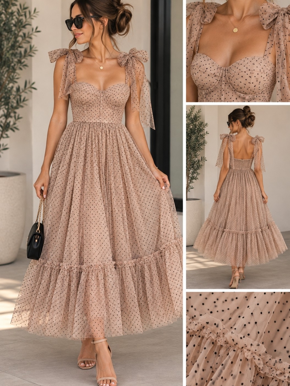 MARBLE Nude Polka Dot Tulle Tie-Shoulder Formal Dress